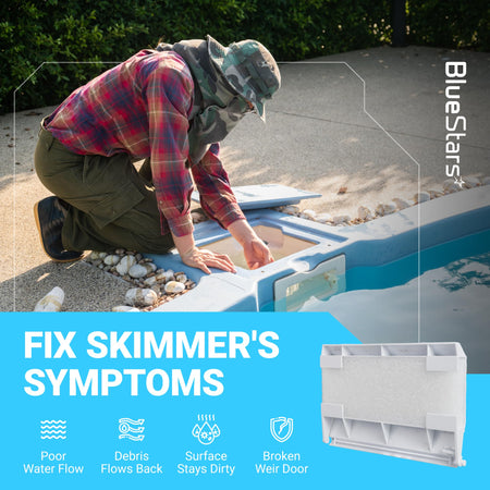 Person installing SPX1082K pool skimmer weir door into Hayward skimmer to fix water flow and debris issues.
