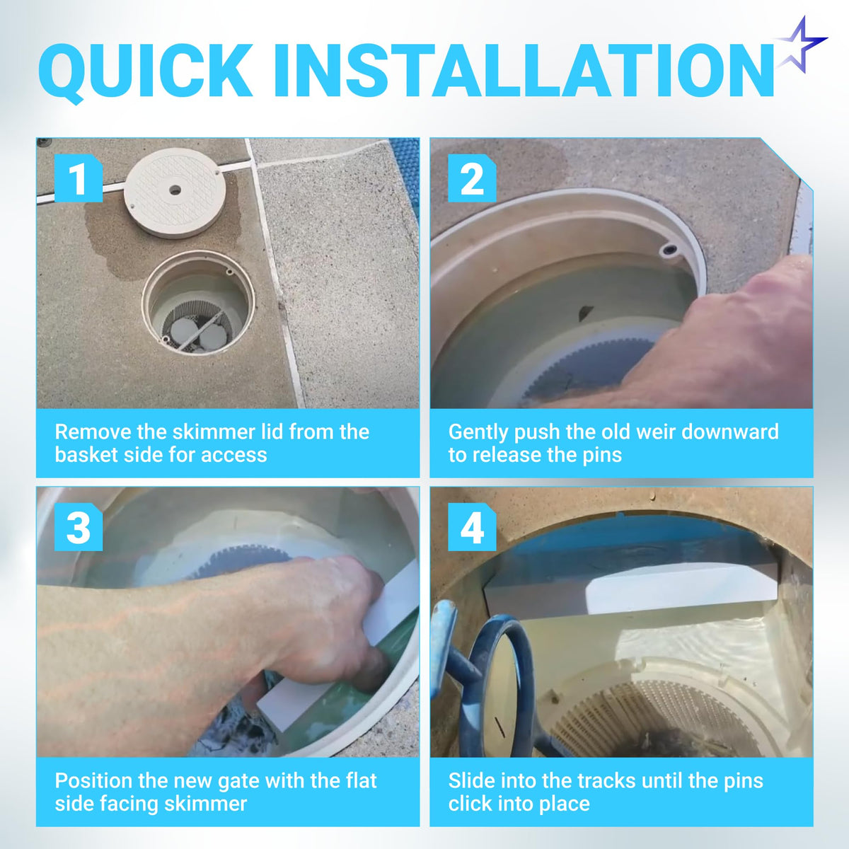 Four-step installation guide for SPX1082K pool skimmer weir door showing how to replace the gate in a Hayward skimmer.