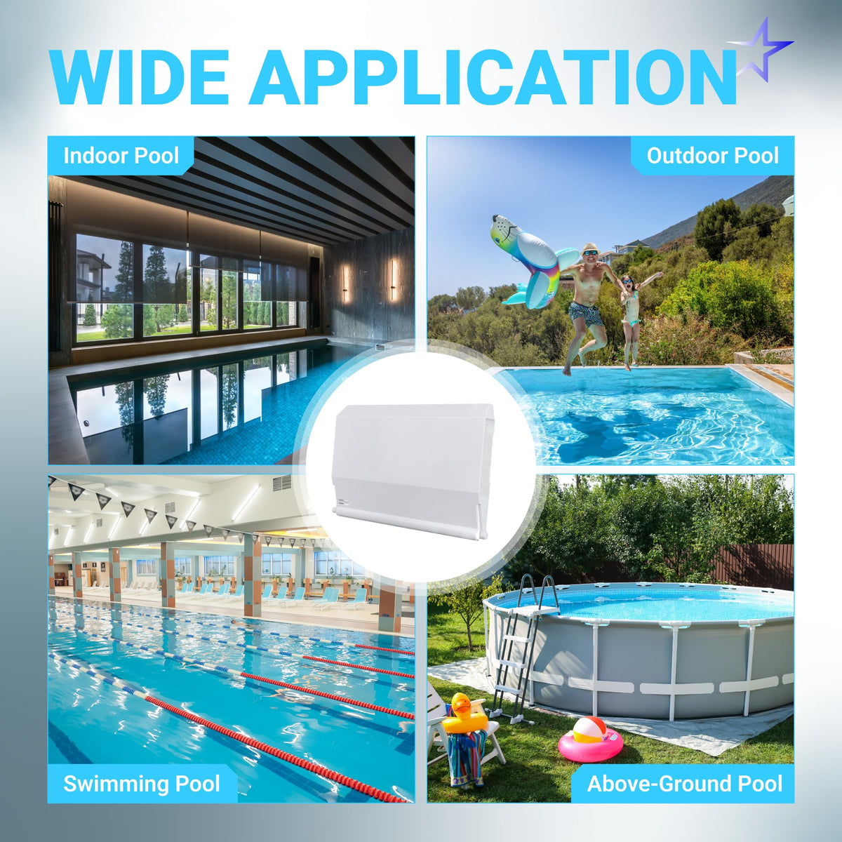 SPX1082K pool skimmer weir door assembly shown in a collage demonstrating wide application for various pool types.