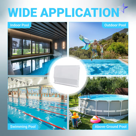 SPX1082K pool skimmer weir door assembly shown in a collage demonstrating wide application for various pool types.