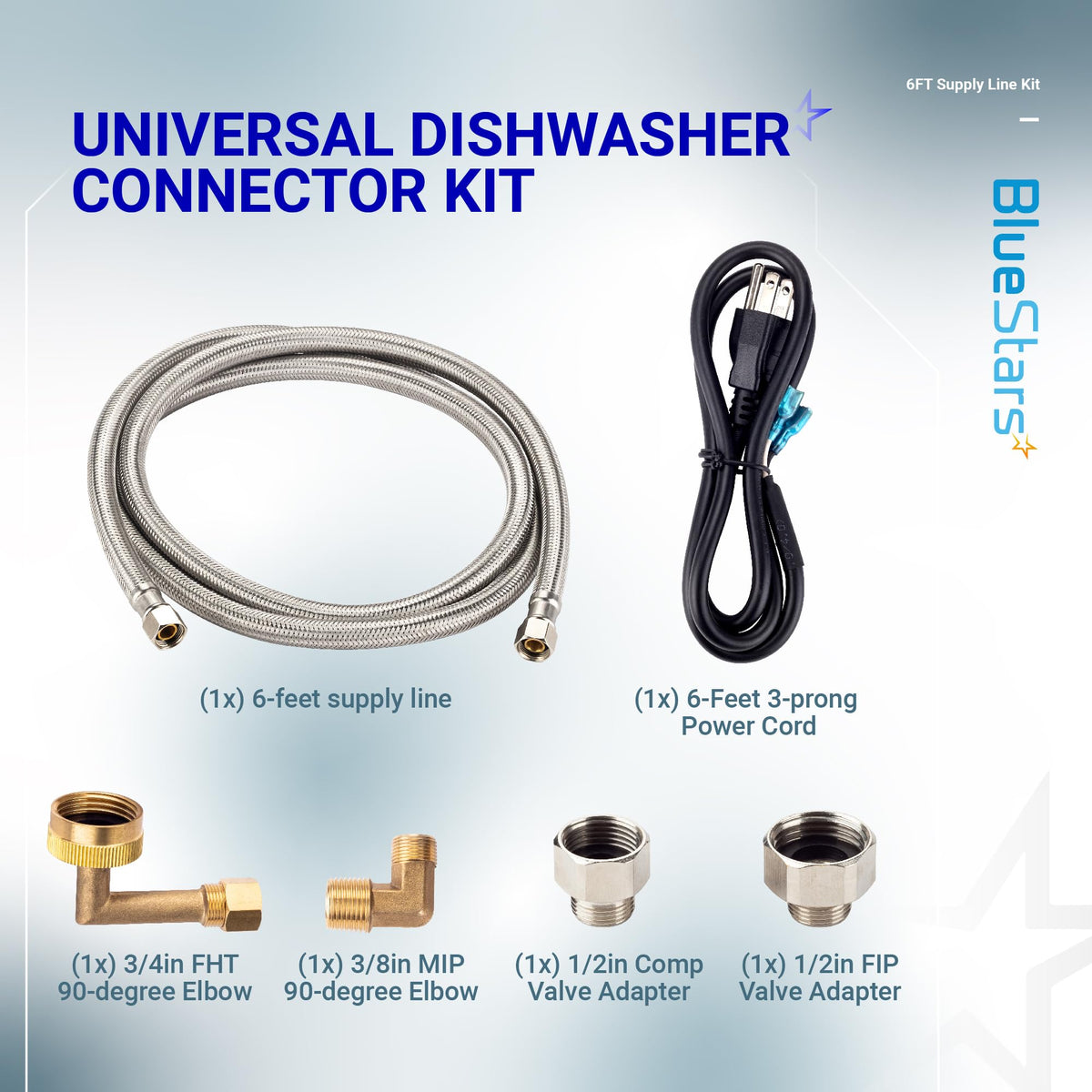 Universal dishwasher installation kit including 6-foot supply line, power cord, and various brass and steel adapters.