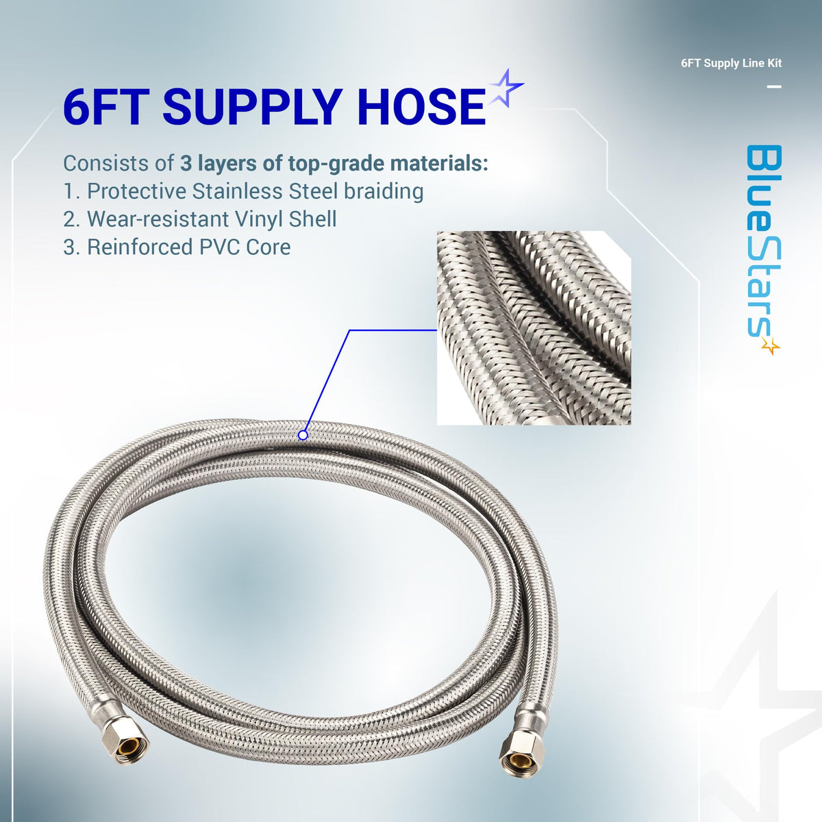 6-foot stainless steel braided dishwasher supply hose with 3/8-inch compression fittings and reinforced construction.