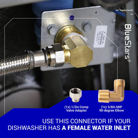 Dishwasher installation kit showing 1/2-inch compression valve adapter and 3/8-inch MIP 90-degree elbow connector.