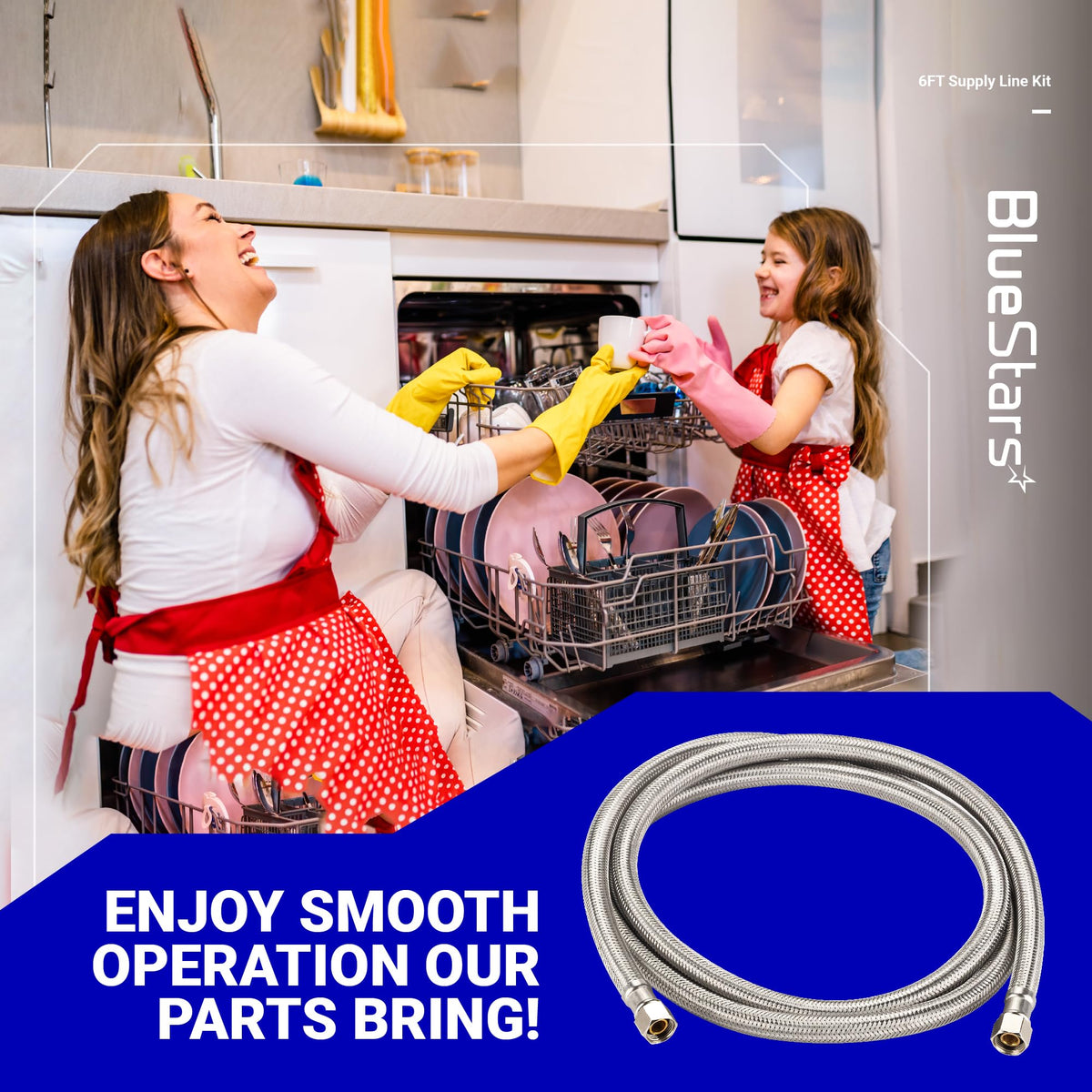 6-foot braided stainless steel dishwasher supply line with 3/8-inch compression fittings.