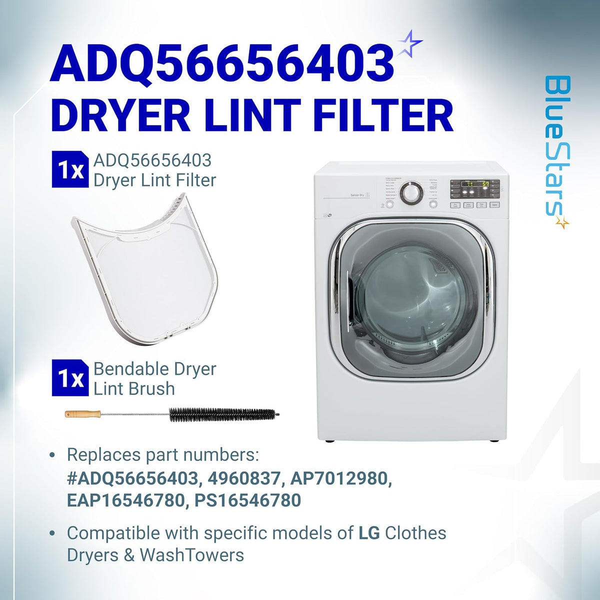 ADQ56656403 dryer lint filter shown with cleaning brush and an LG front-load dryer