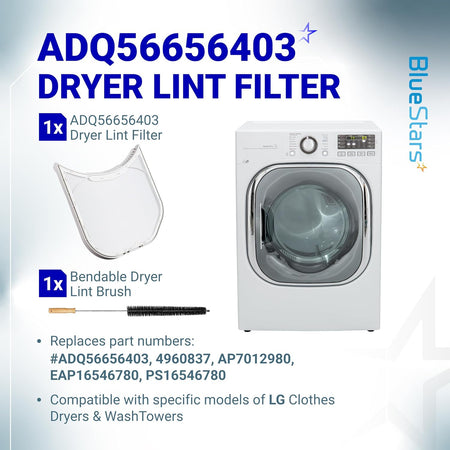 ADQ56656403 dryer lint filter shown with cleaning brush and an LG front-load dryer