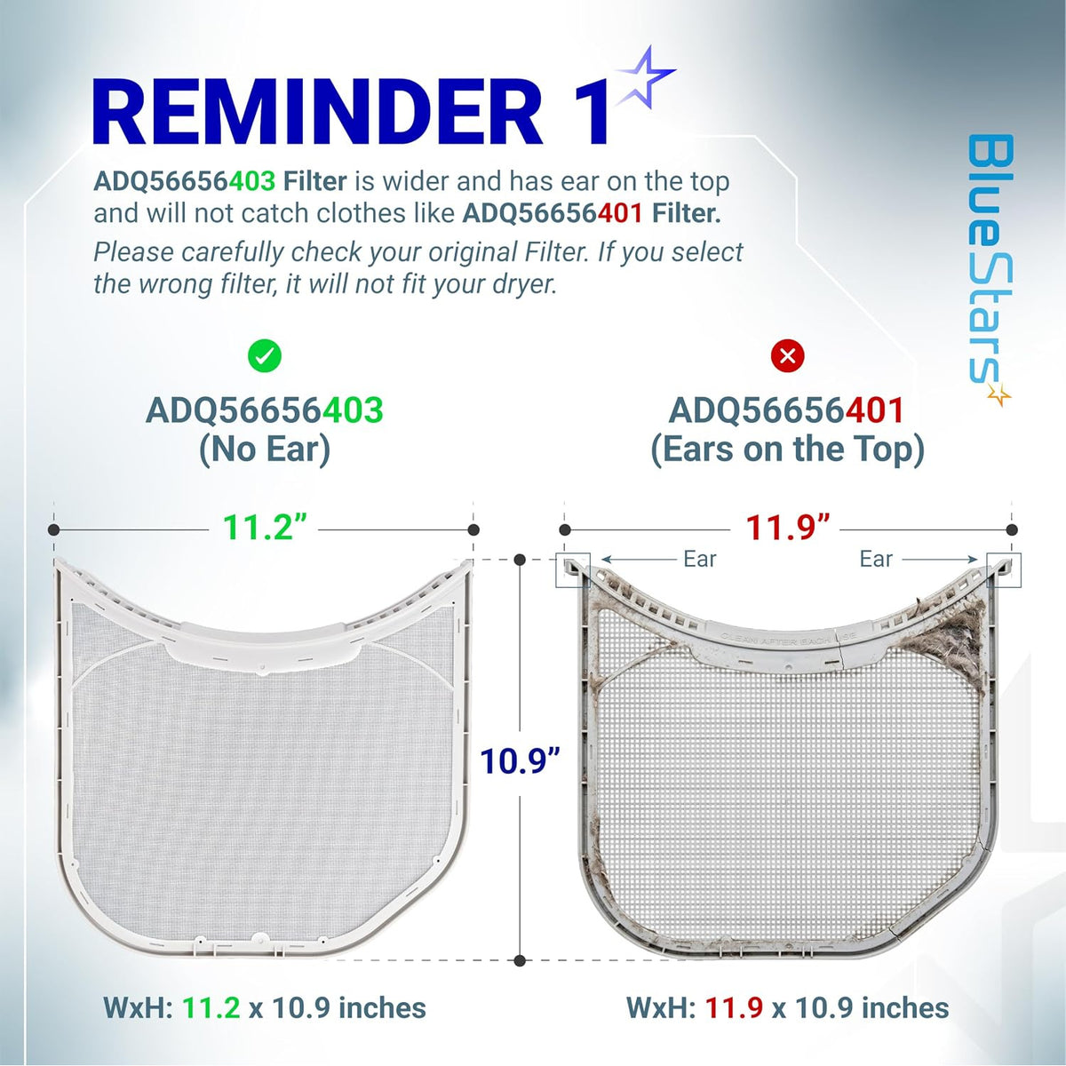 ADQ56656403 lint filter replacement comparison diagram showing no-ear filter and ADQ56656401 ear filter with dimensions