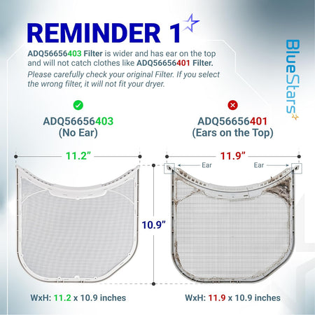 ADQ56656403 lint filter replacement comparison diagram showing no-ear filter and ADQ56656401 ear filter with dimensions