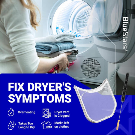 ADQ56656403 LG dryer lint filter replacement, promotional graphic showing filter and dryer symptom icons