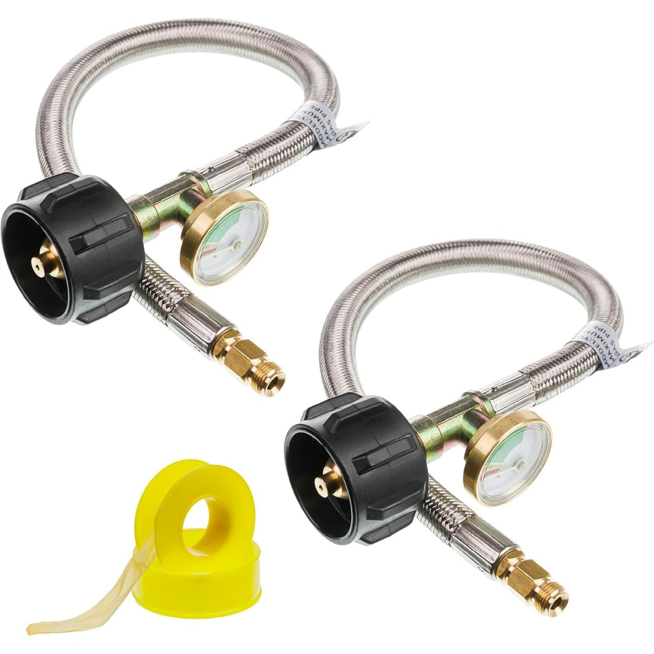 [1/4” Male Inverted] 15 inch RV Propane Hoses with Gauge - Connects QCC1, Stainless Steel Braided Camper Propane Pigtail for 5LB - 40LB Tank to Two-Stage Regulator - 2 Pack with Tape