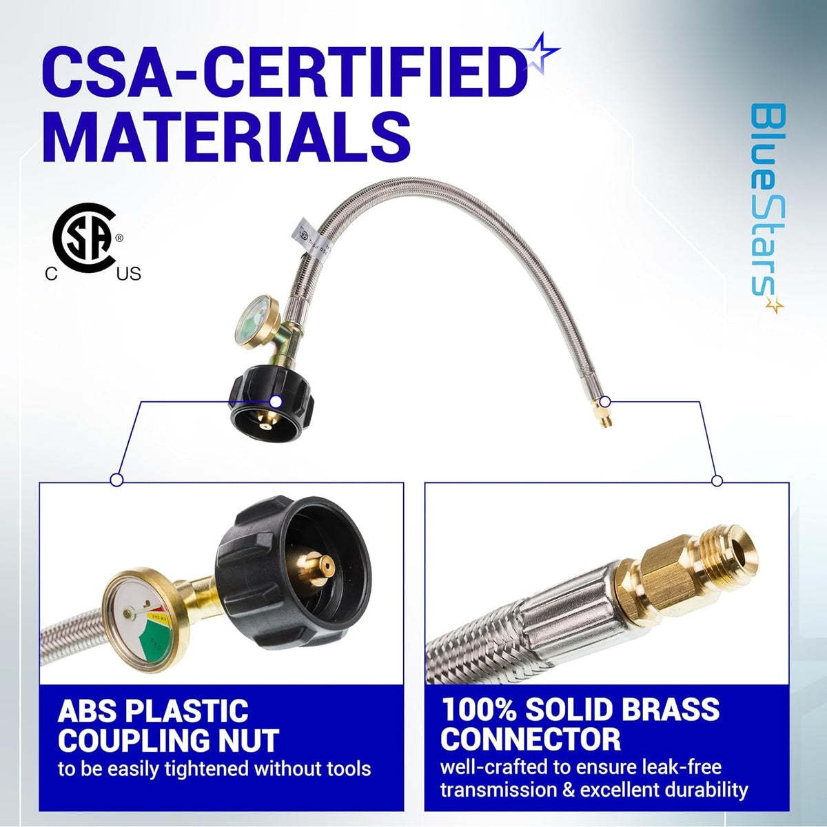 CSA-certified 15-inch stainless steel RV propane hose with gauge, showing brass connector and QCC1 coupling nut details.