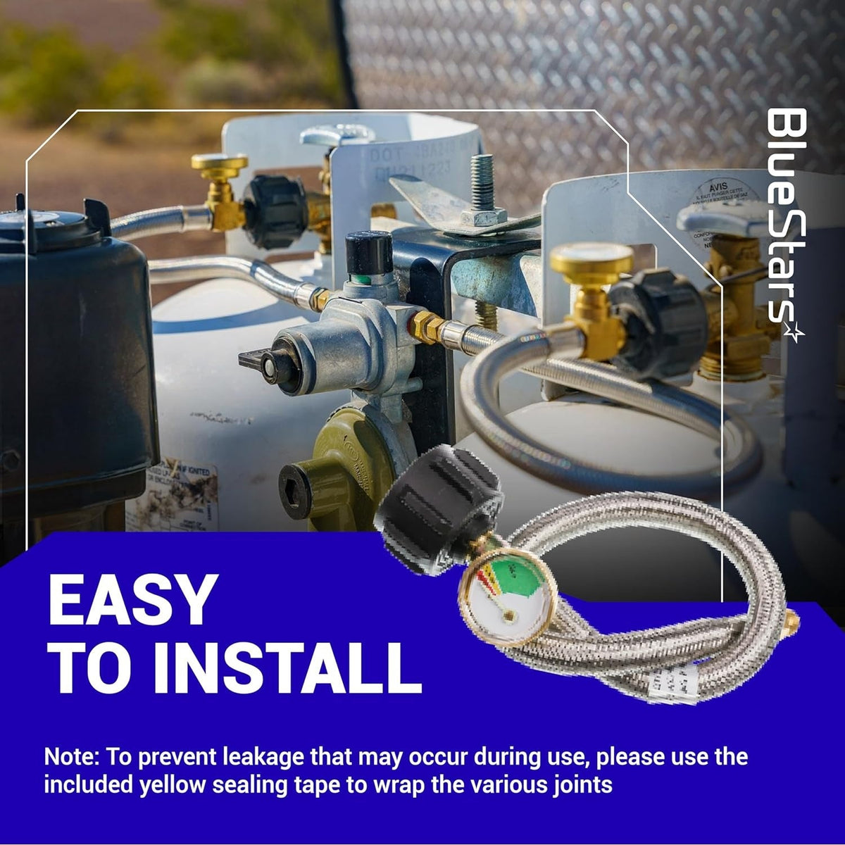 15-inch stainless steel braided RV propane pigtail hose with QCC1 connector and integrated pressure gauge.