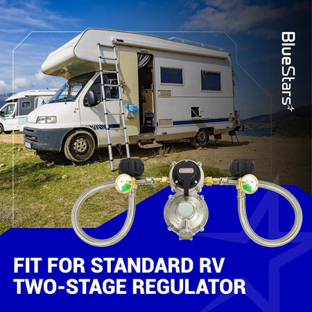 Two 15-inch stainless steel braided RV propane hoses with gauges connected to a two-stage regulator.