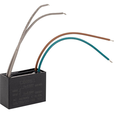 CBB61 5uf + 5uf 250V AC ceiling fan capacitor with four colored wires.