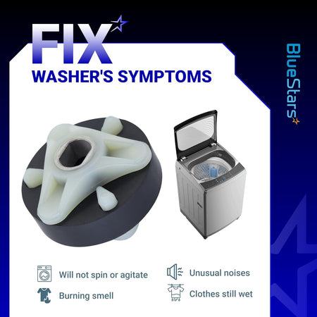 Direct drive motor coupling for Whirlpool and Kenmore washers showing common repair symptoms and compatible machine.