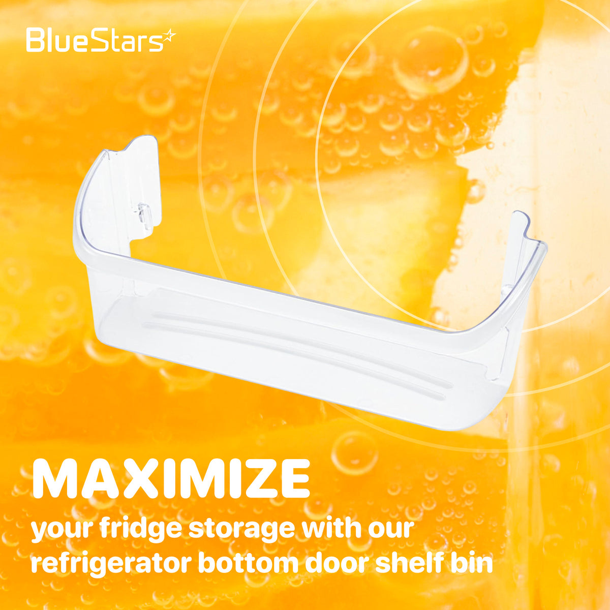 242126602 refrigerator clear door shelf bin shown on an orange promotional background with marketing text
