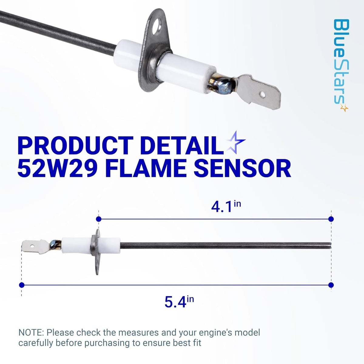 52W29 furnace flame sensor showing product dimensions of 4.1 inches and 5.4 inches.