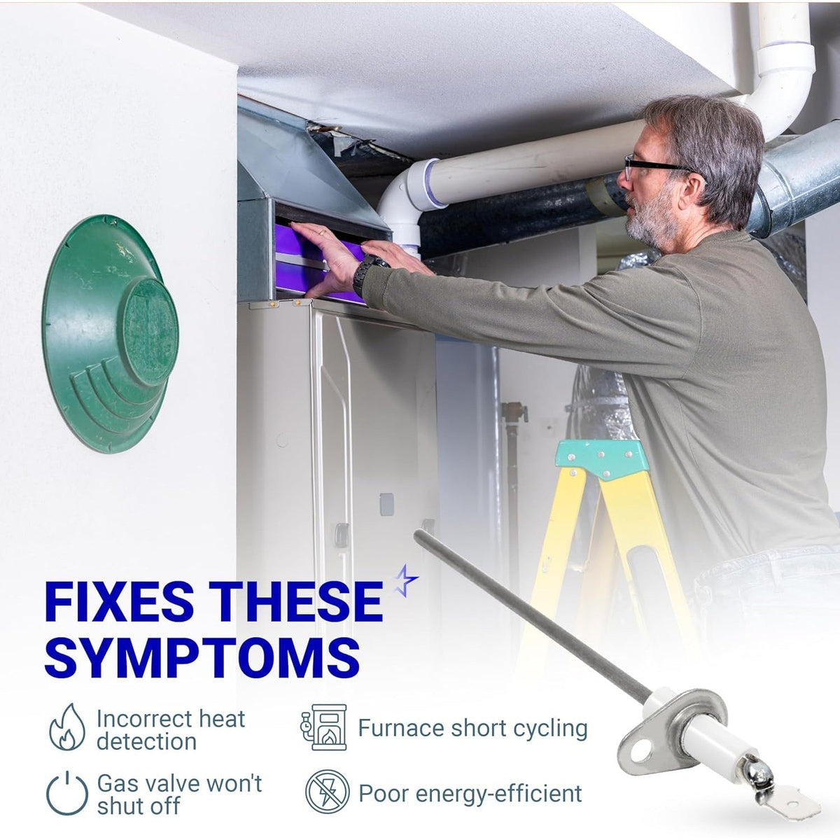 Technician installing a 52W29 furnace flame sensor to fix heating system issues like short cycling.