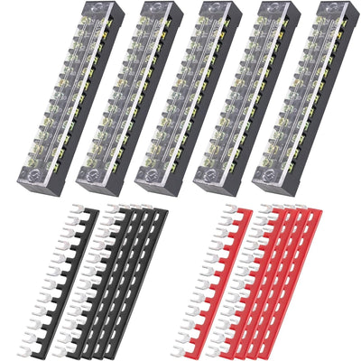 Five 12-position 600V terminal strip blocks with covers and ten 400V pre-insulated barrier strip jumpers.