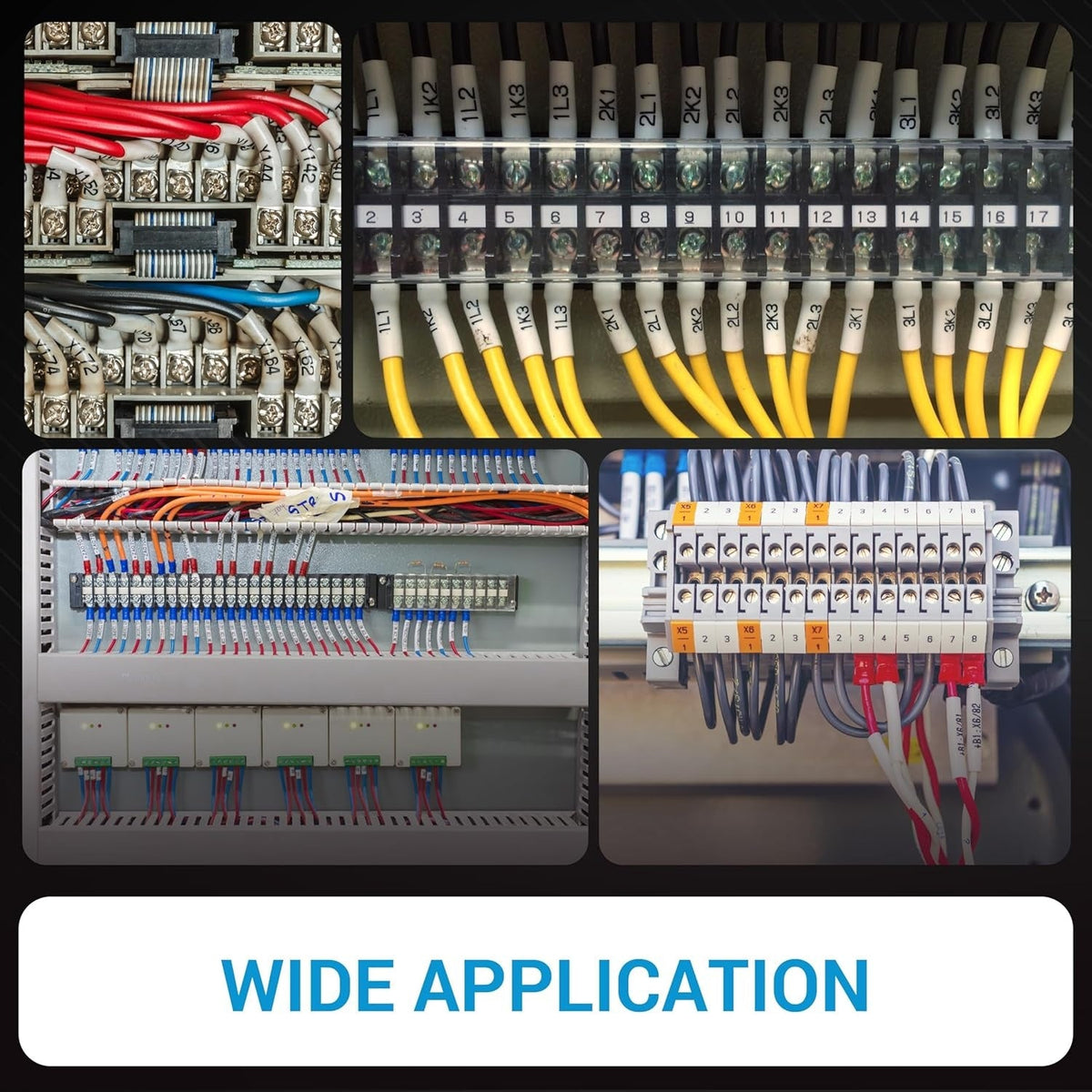 Collage of 12-position terminal strip blocks installed with pre-insulated wiring in industrial control panels.