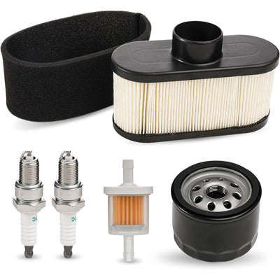 Kawasaki engine tune-up kit including air filter, pre-filter, oil filter, fuel filter, and two spark plugs.