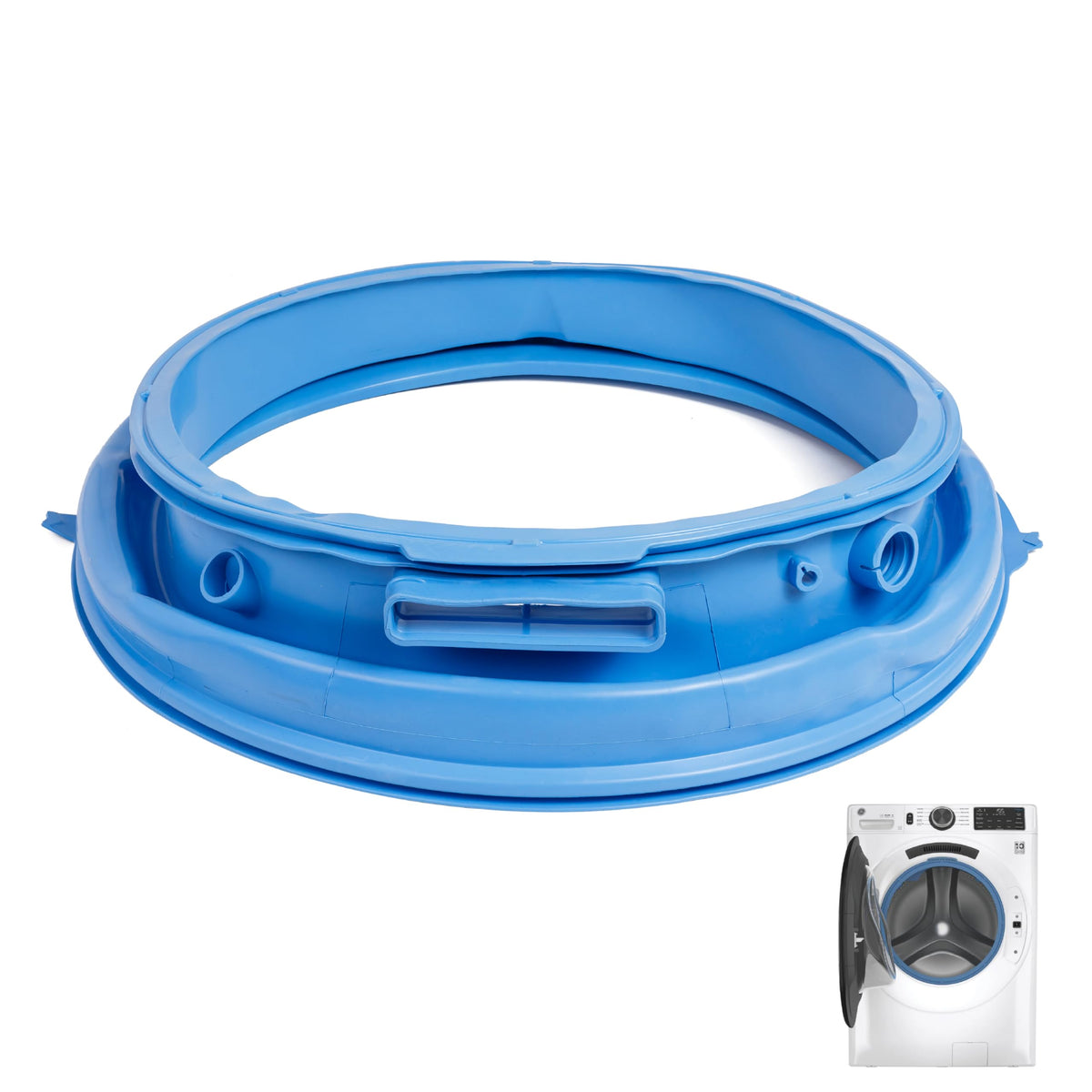 Blue WH05X29521 washer door gasket replacement for GE front load washing machines.
