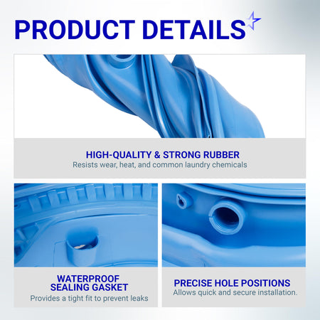 Close-up product detail graphic of WH05X29521 washer door gasket showing rubber material and drainage hole positions.