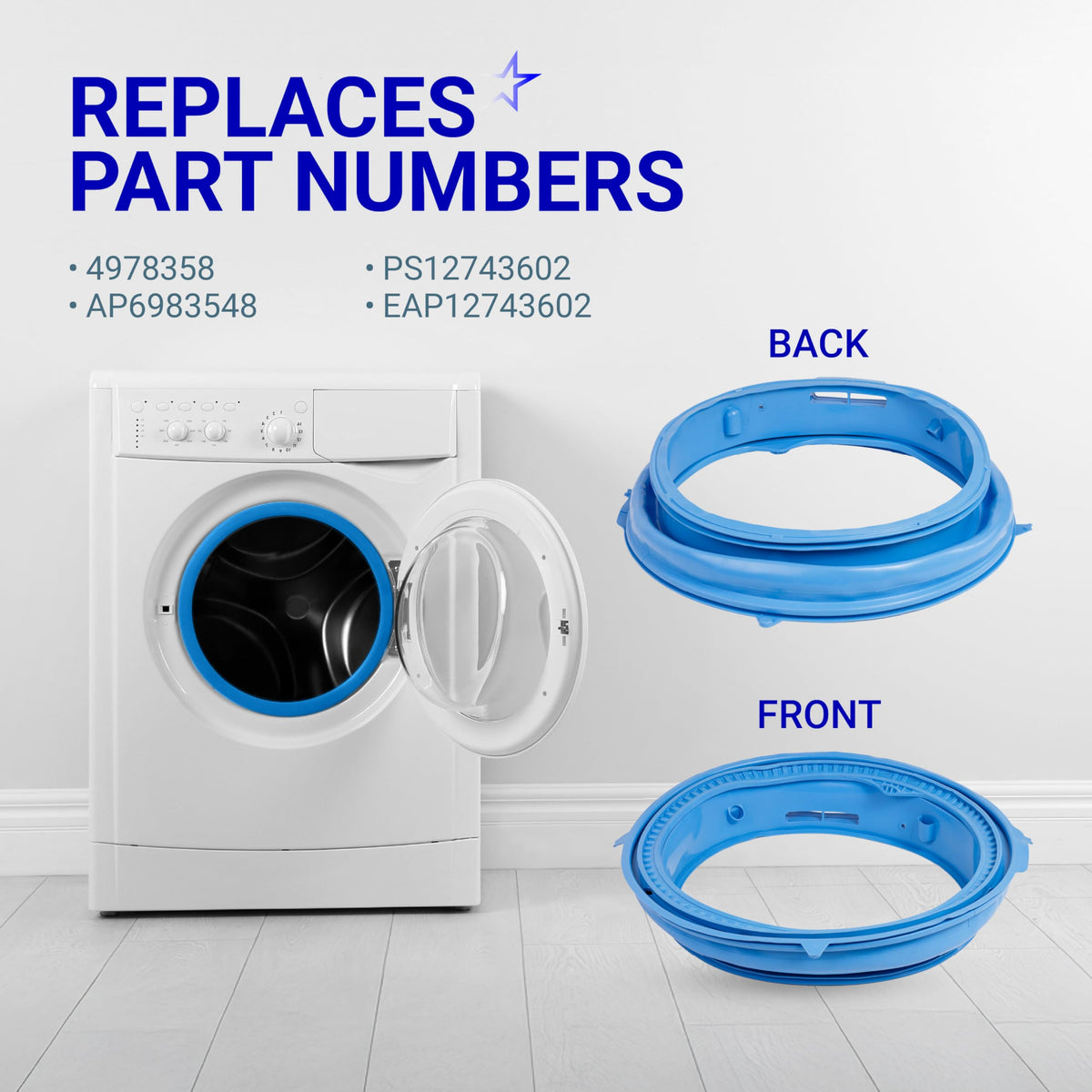 WH05X29521 washer door gasket showing front and back views with compatible GE washing machine reference.