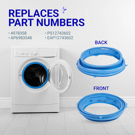 WH05X29521 washer door gasket showing front and back views with compatible GE washing machine reference.