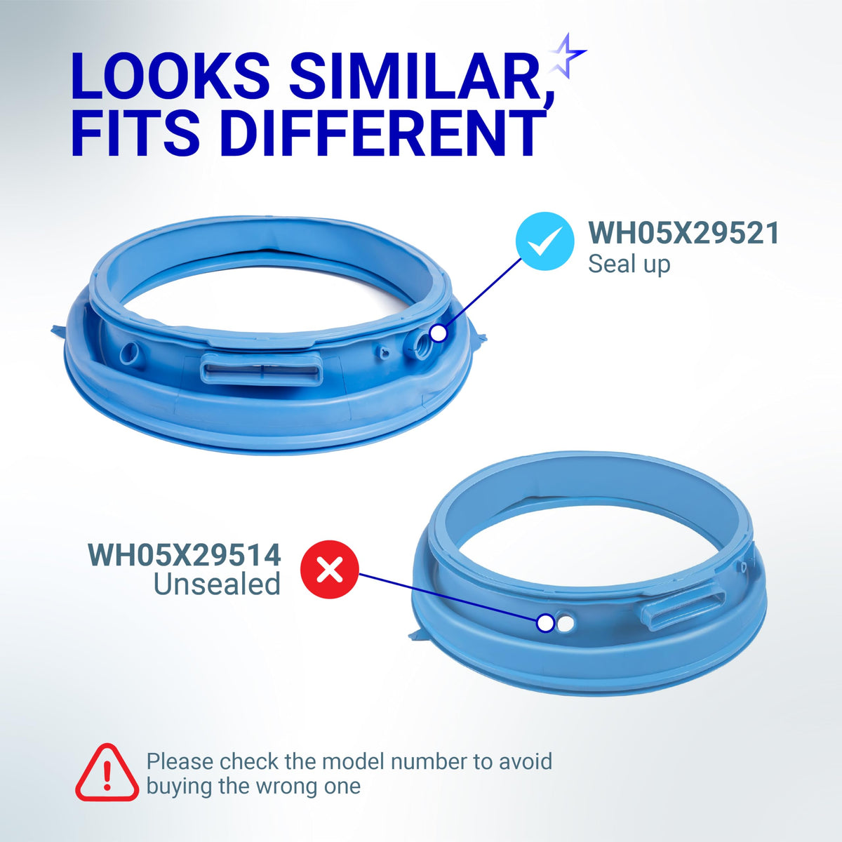 Comparison chart showing WH05X29521 washer door gasket with seal up versus WH05X29514 unsealed version.