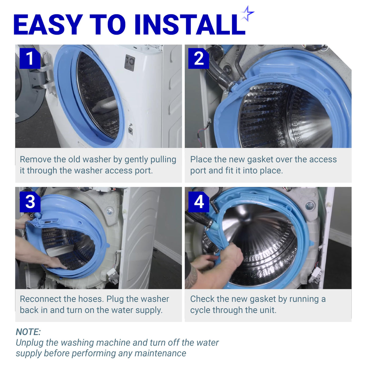 Four-step installation guide for WH05X29521 washer door gasket on GE washing machines.