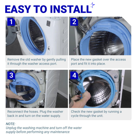 Four-step installation guide for WH05X29521 washer door gasket on GE washing machines.