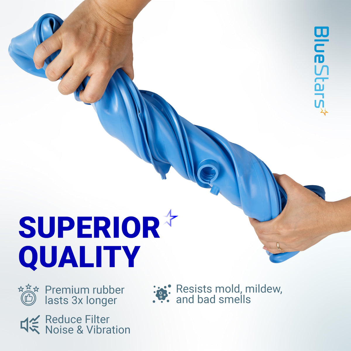 Hands holding a flexible blue WH05X29521 washer door gasket to demonstrate high-quality, durable rubber material.