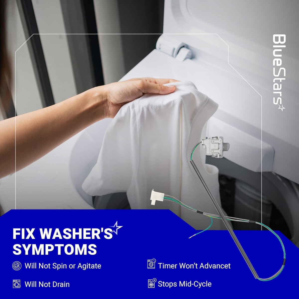 3355458 Washer Lid Switch Replacement, graphic showing laundry in a washer, switch wiring, and washer symptom list