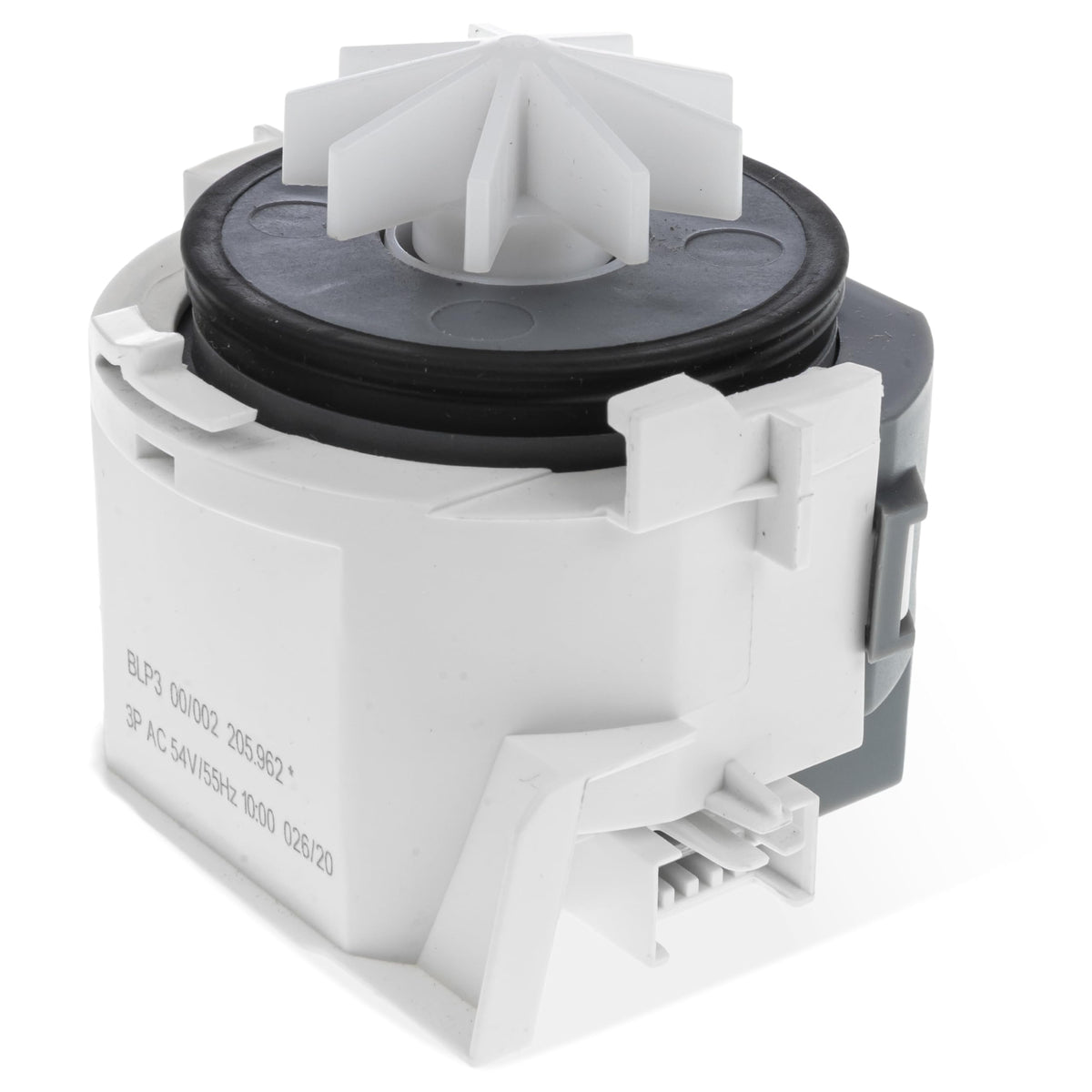 Replacement dishwasher drain pump motor assembly for Bosch and Thermador appliances.