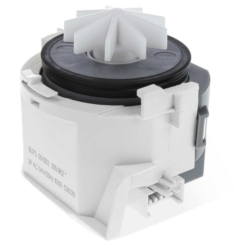 Replacement dishwasher drain pump motor assembly for Bosch and Thermador appliances.