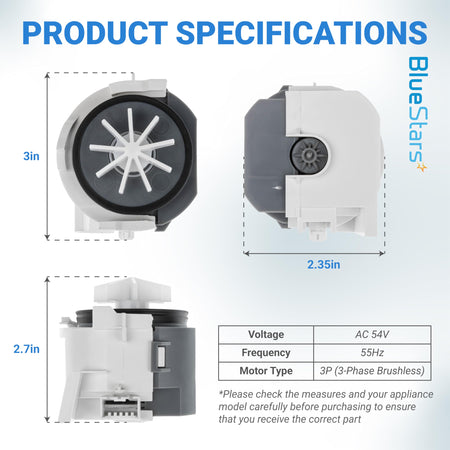 Dimensional diagram of 00631200 dishwasher drain pump motor assembly for Bosch and Thermador appliances.