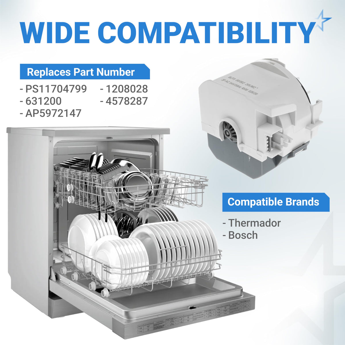 Dishwasher drain pump motor assembly for Bosch and Thermador with compatibility and part number information.