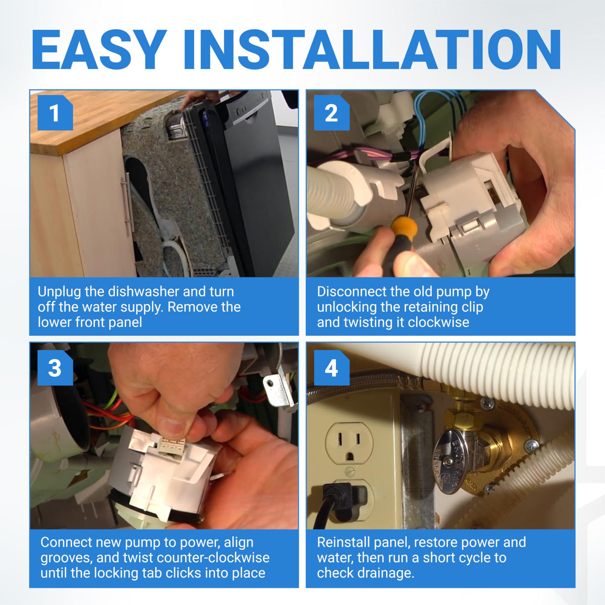 Four-step installation guide for Bosch and Thermador dishwasher drain pump motor assembly 00631200.