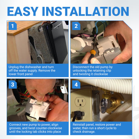 Four-step installation guide for Bosch and Thermador dishwasher drain pump motor assembly 00631200.
