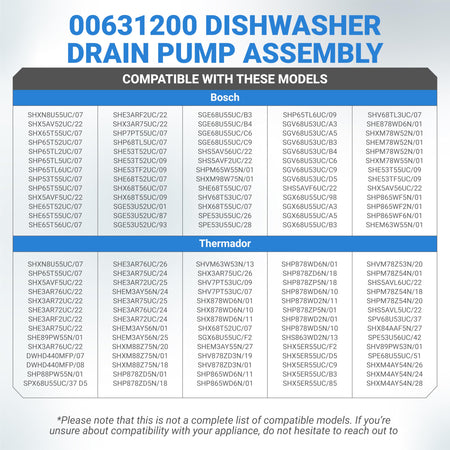 Compatibility chart for 00631200 dishwasher drain pump motor assembly for Bosch and Thermador models.