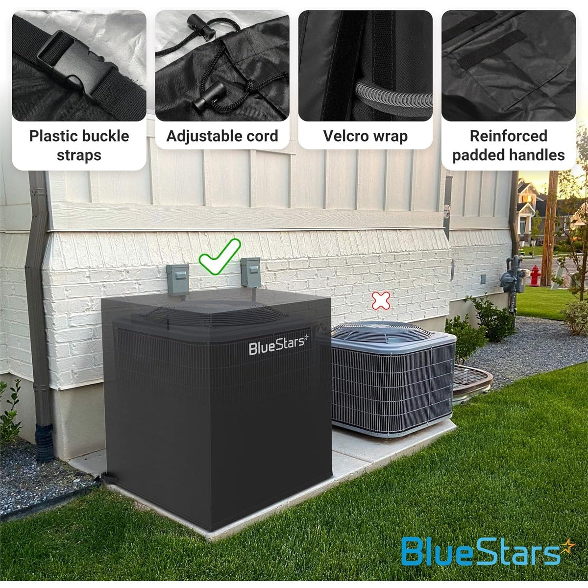 Black waterproof central air conditioner cover installed on an outdoor AC unit with feature callouts.