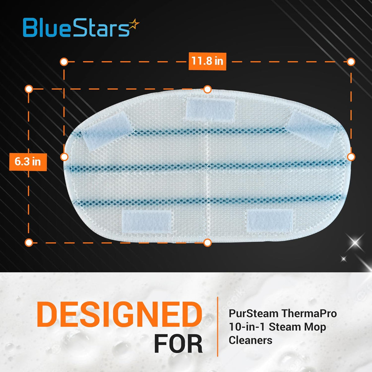 Replacement microfiber steam mop pad for PurSteam ThermaPro 10-in-1, showing 11.8 x 6.3 inch dimensions.