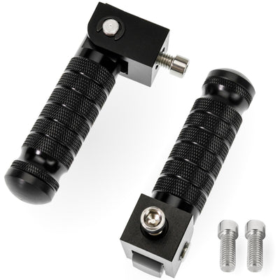 Pair of black CNC aluminum 90-degree foldable anti-slip motorcycle foot pegs with mounting bolts.