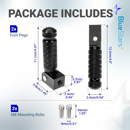 Package contents diagram showing two black CNC aluminum foldable foot pegs and two M8 mounting bolts with dimensions.