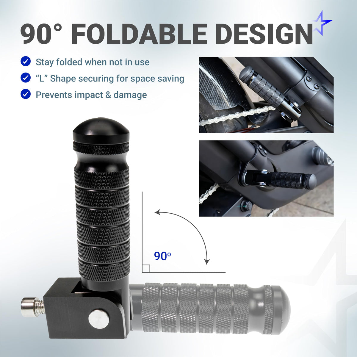 Black CNC aluminum motorcycle foot peg showing 90-degree foldable design and installation examples.