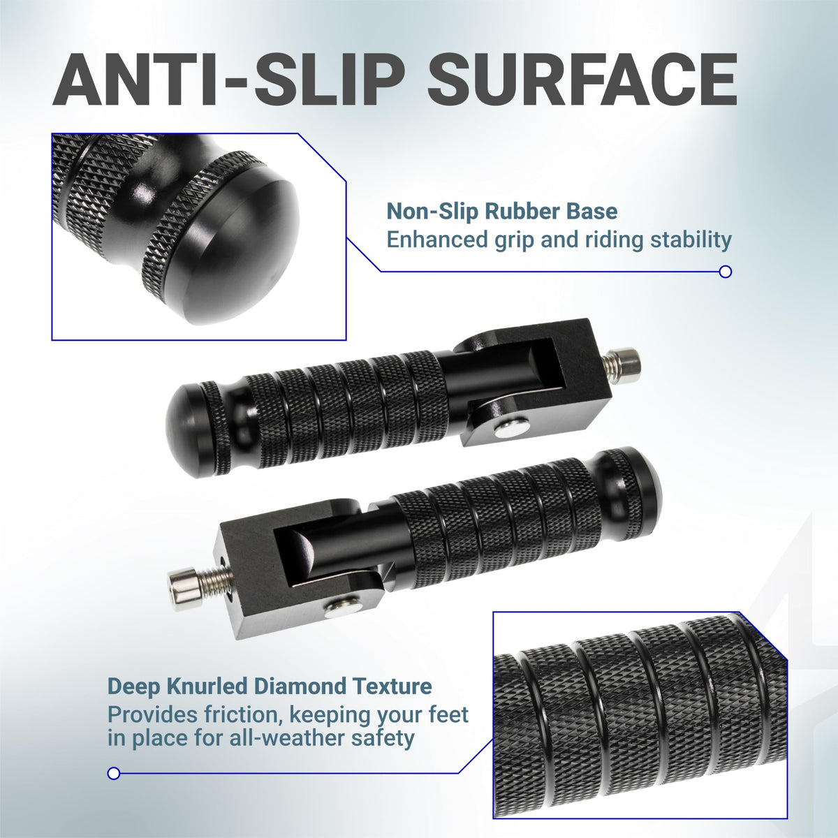 Pair of black CNC aluminum foldable motorcycle foot pegs with anti-slip knurled texture and close-up detail views.
