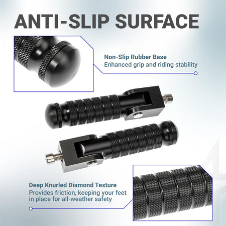 Pair of black CNC aluminum foldable motorcycle foot pegs with anti-slip knurled texture and close-up detail views.