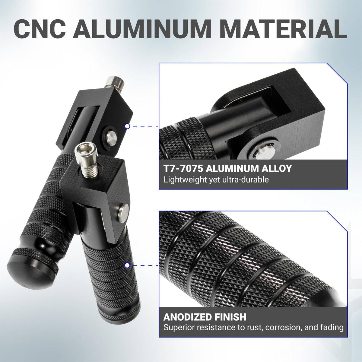 Close-up infographic showing CNC aluminum construction and anodized finish of black foldable motorcycle foot pegs.