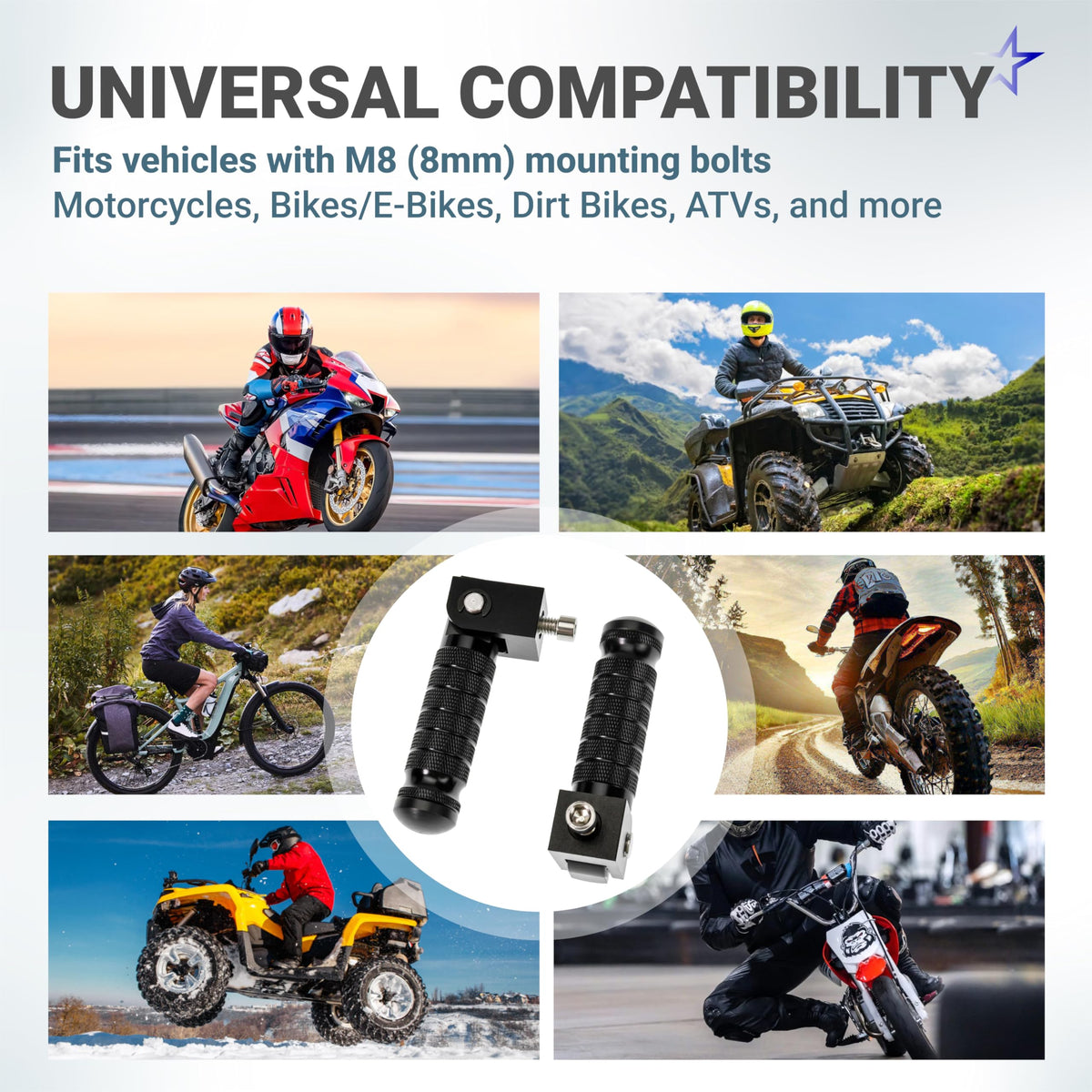 Infographic showing universal compatibility of black CNC aluminum M8 foldable foot pegs for various vehicles.